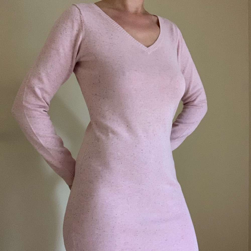 Long Sleeve Pink Knitted Bodycon Dress Medium